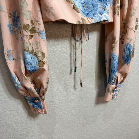 BANJUL Womens Sz S Peach Pink‎ Floral Crop Top Puff Sleeve Romantic Cottagecore - Picture 5 of 8